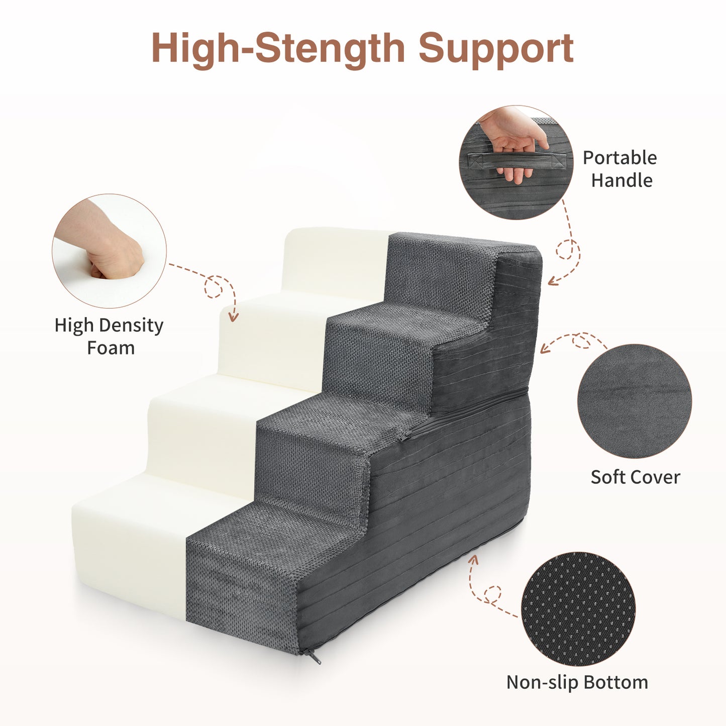 Vipsafe 4-Step Dog Ramp Ladder, Pet Stairs with Non-Slip Bottom and Washable Cover for Small Dogs and Cats,Gray