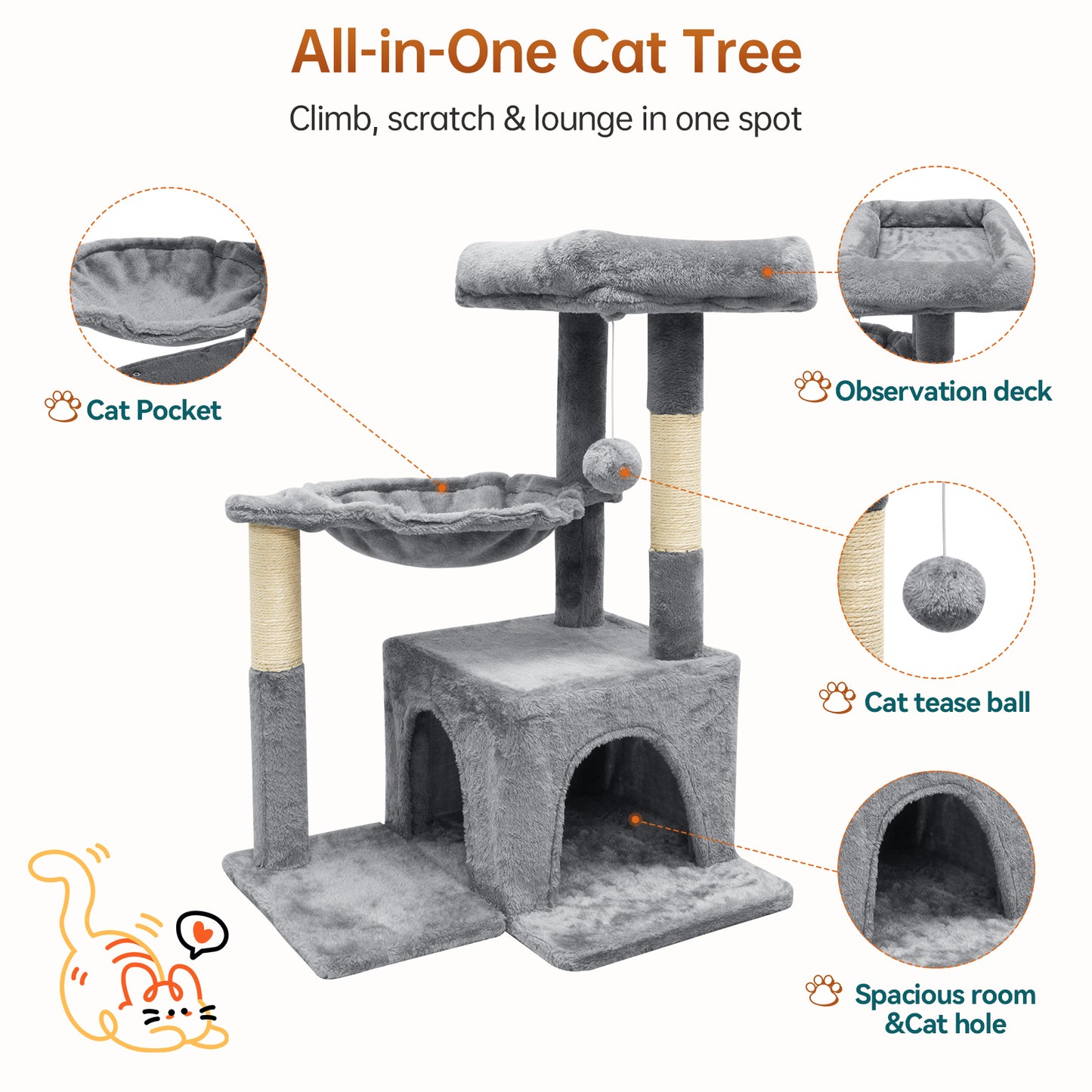 Vipsafe 29-Inch Cat Tree with 2 Tiers, Sisal Scratching Posts, Toys, and Cozy Bed for Indoor Cats