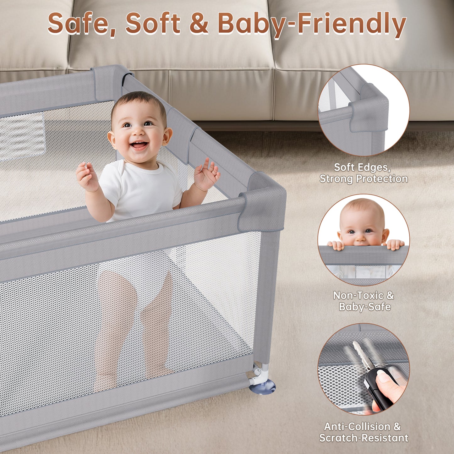 Vipsafe Baby Playpen with Carry Bag Safety Play Yard for Toddlers Easy to Assemble & Store Durable & Portable Playpen for Kids 49" x 71" Gray