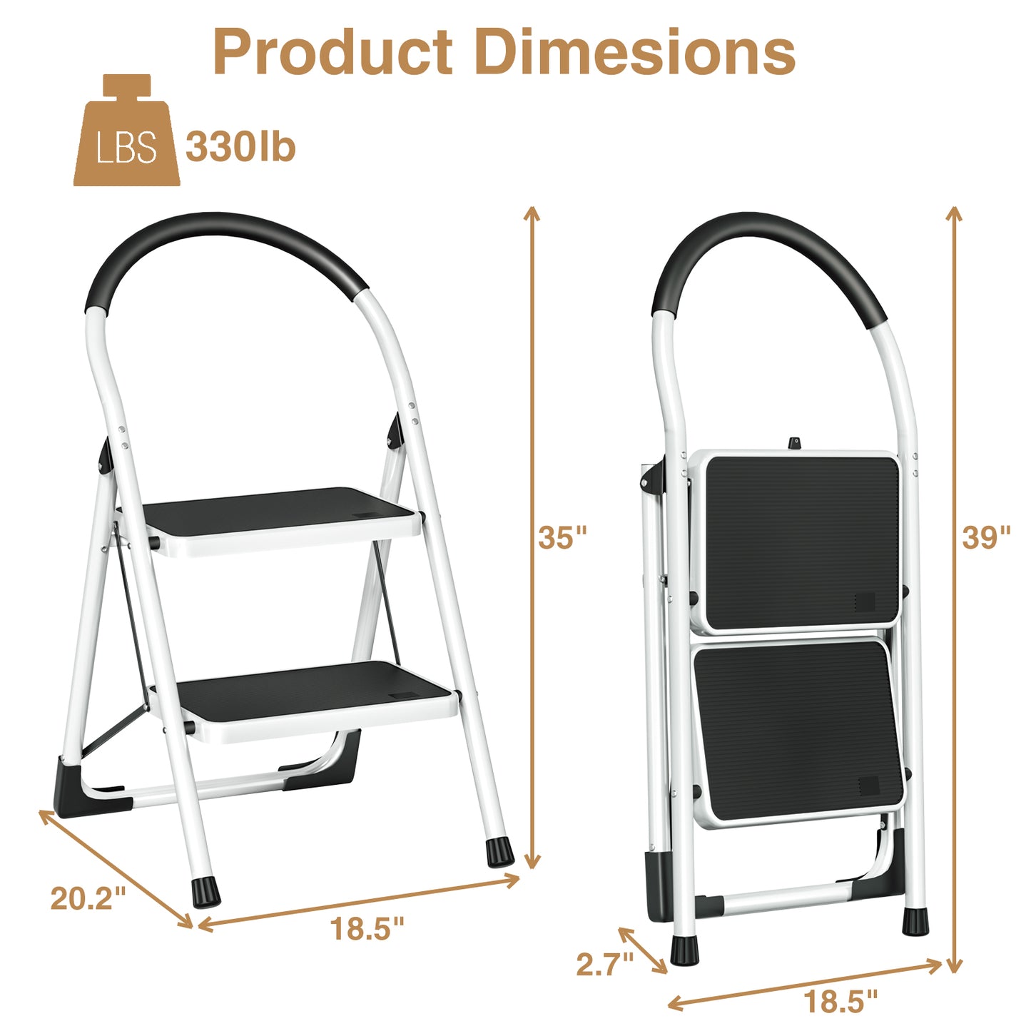 Vipsafe 2 Step Ladder, Folding Step Stool for Adults with Non-Slip Feet,330lb Portable Step Stool
