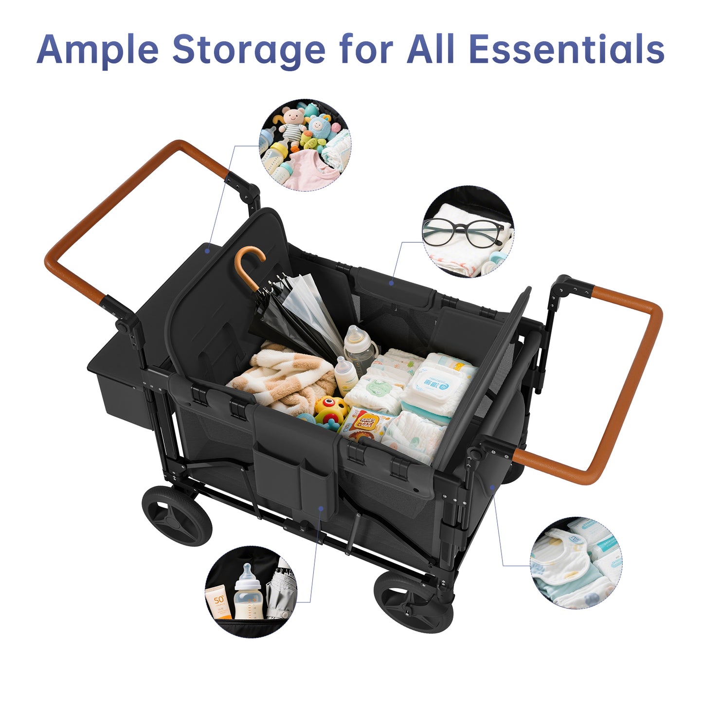 Vipsafe Foldable Wagon Stroller for 4 Kids, Multifunctional Wagon with Detachable Canopy, Adjustable Handlebars, Removable Seats, and Easy Storage