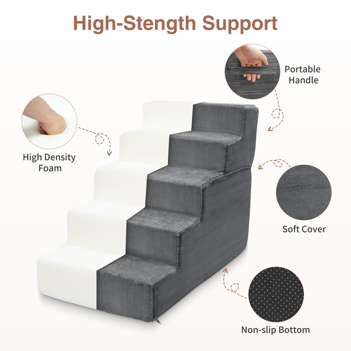 Vipsafe 5-Step Dog Ramp Ladder, Pet Stairs with Non-Slip Bottom and Washable Cover for Small Dogs and Cats,Gray