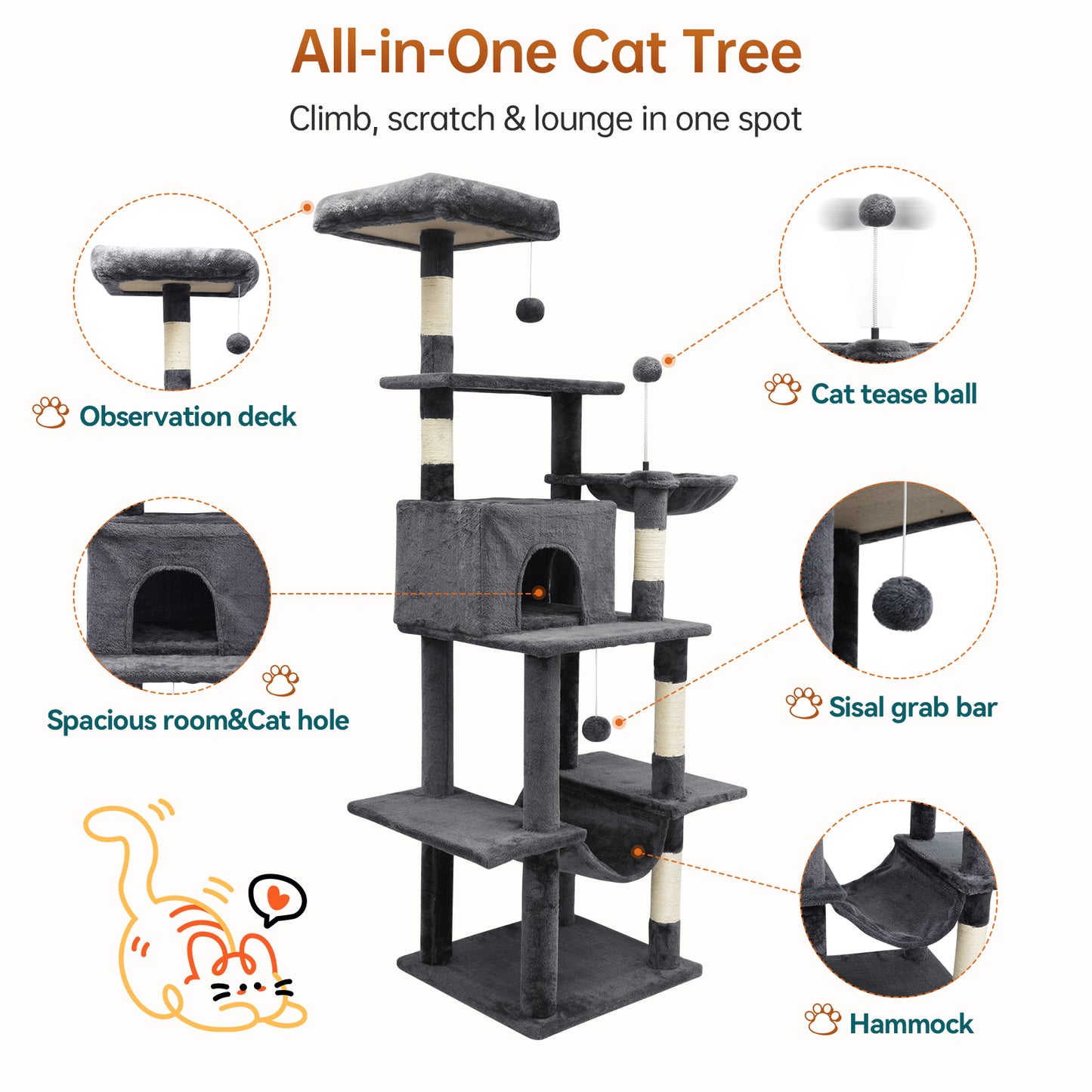 Vipsafe 63.8-Inch Cat Tree with 6 Tiers, Sisal Scratching Posts, Toys, and Cozy Bed for Indoor Cats