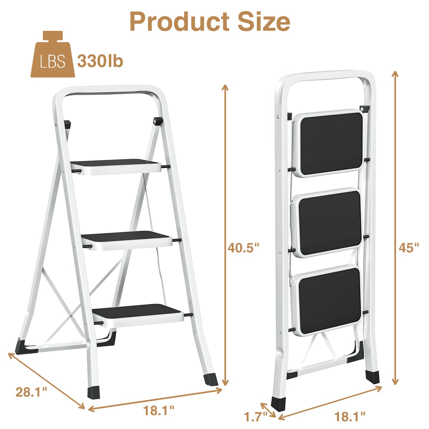 Vipsafe 3 Step Ladder, Folding Step Stool for Adults with Non-Slip Feet,330lb Portable Step Stool