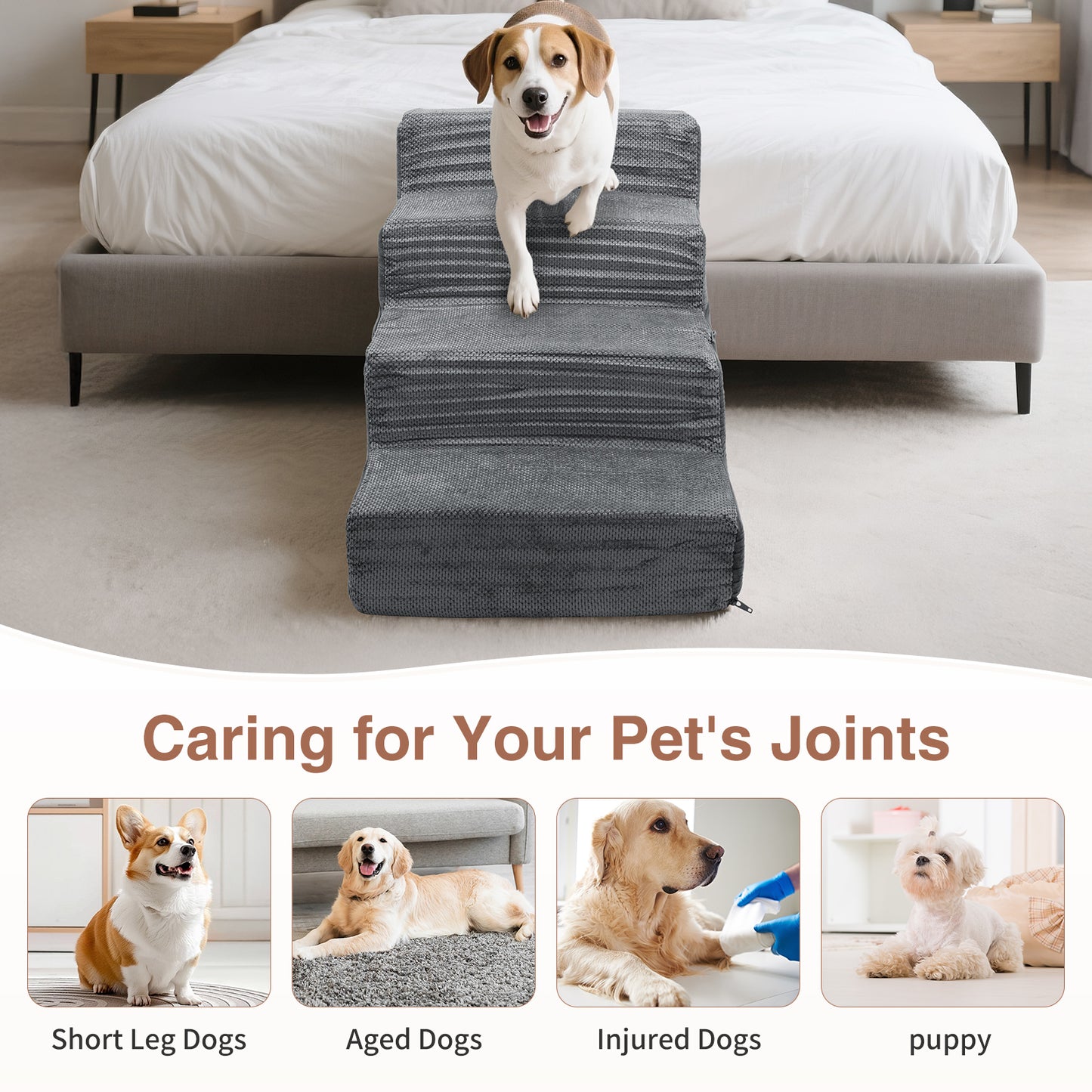 Vipsafe 4-Step Dog Ramp Ladder, Pet Stairs with Non-Slip Bottom and Washable Cover for Small Dogs and Cats,Gray