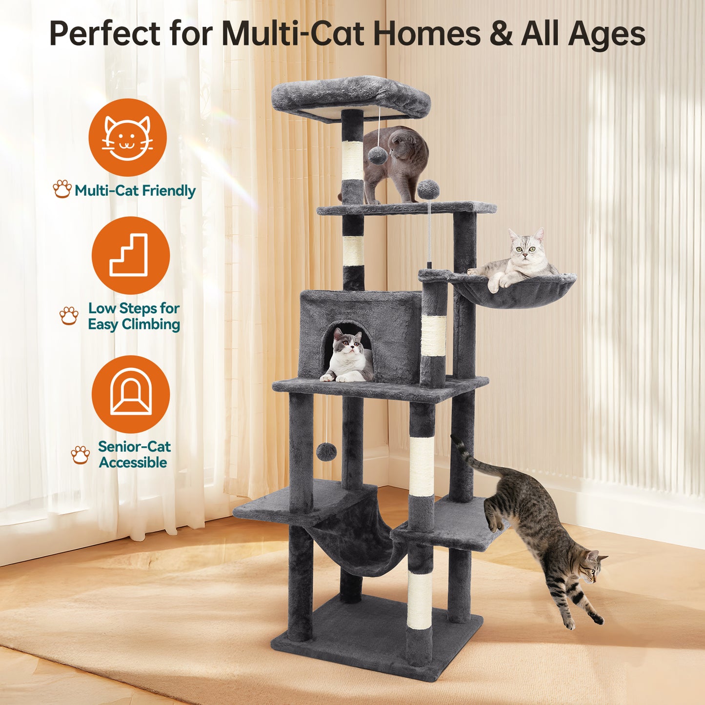 Vipsafe 63.8-Inch Cat Tree with 6 Tiers, Sisal Scratching Posts, Toys, and Cozy Bed for Indoor Cats