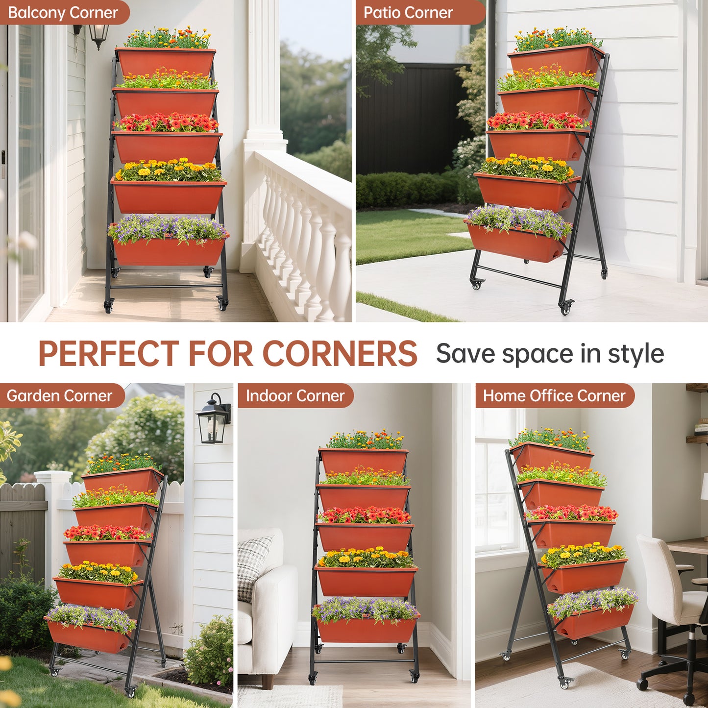 Vipsafe 4FT 5-Tier Vertical Garden Bed with Wheels, Ideal for Indoor/Outdoor Use, Brown, 19.7" x 21.3" x 46.9"