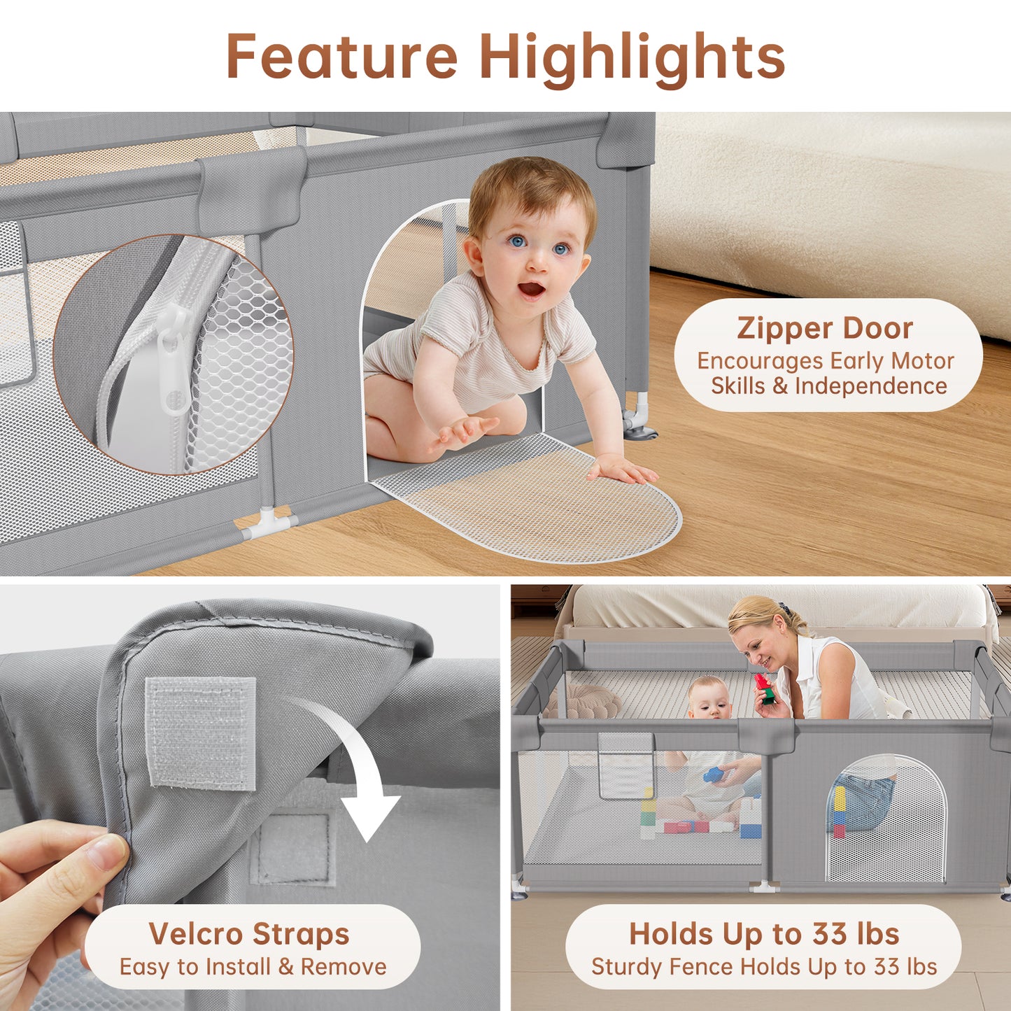 Vipsafe Baby Playpen with Carry Bag Safety Play Yard for Toddlers Easy to Assemble & Store Durable & Portable Playpen for Kids 49" x 71" Gray
