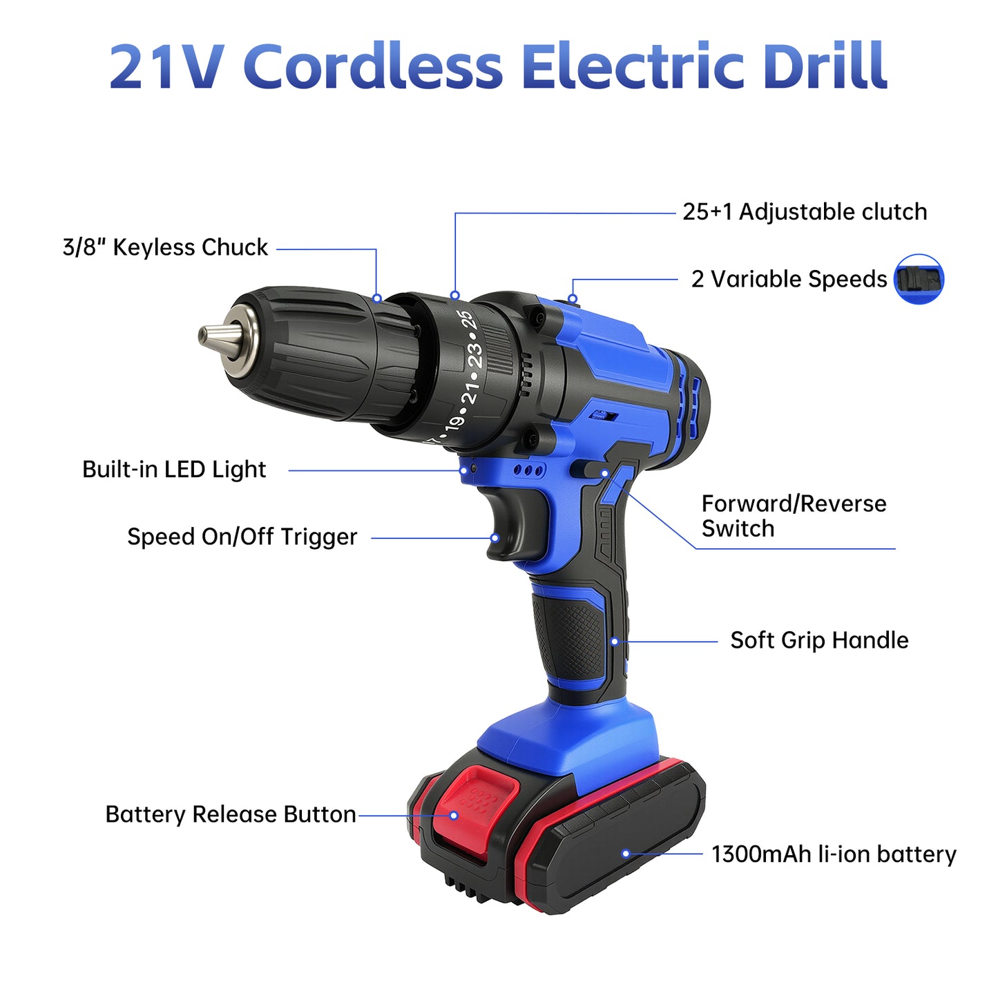 Vipsafe 21V Cordless Drill Kit, 2 Batteries, 25+1 Torque, LED, Variable Speed, 29 Tools, for Wood, Metal, Home DIY Projects