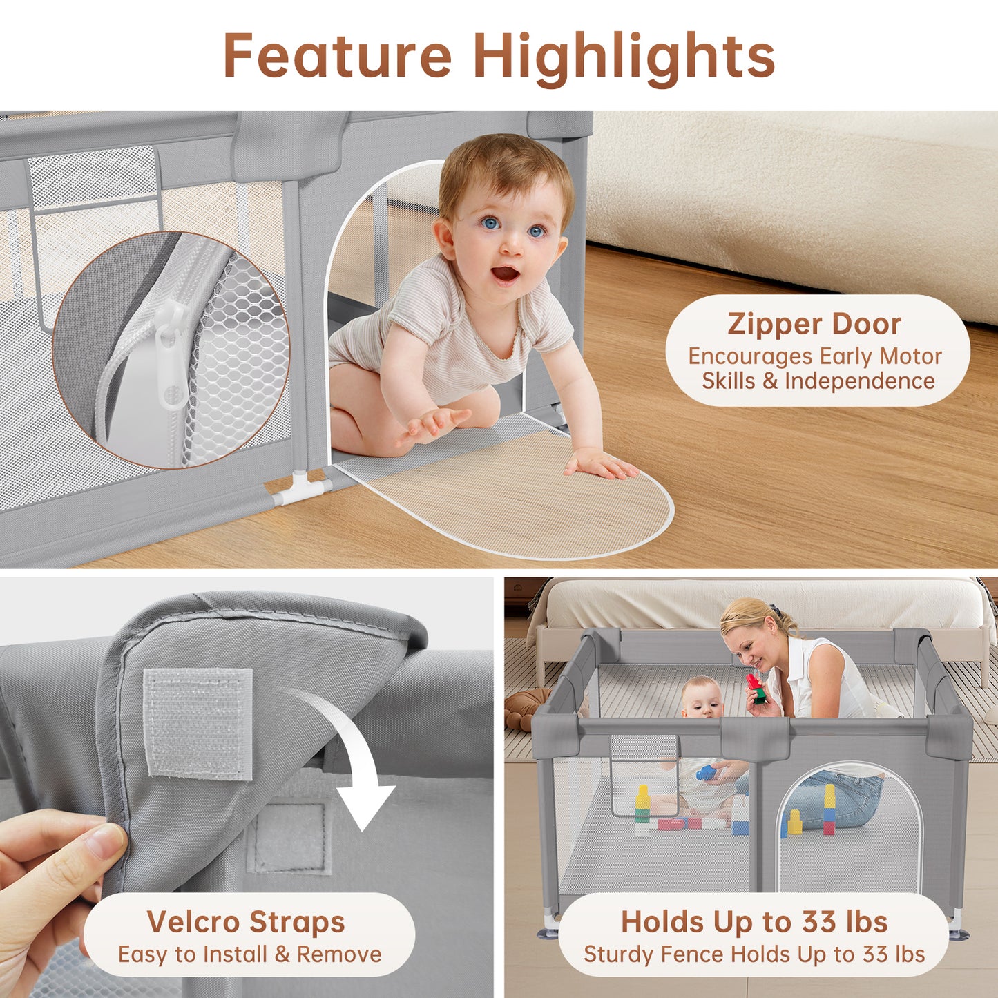 Vipsafe Baby Playpen Safety Play Yard with Carry Bag, Portable & Easy to Assemble, 49" x 49", Gray