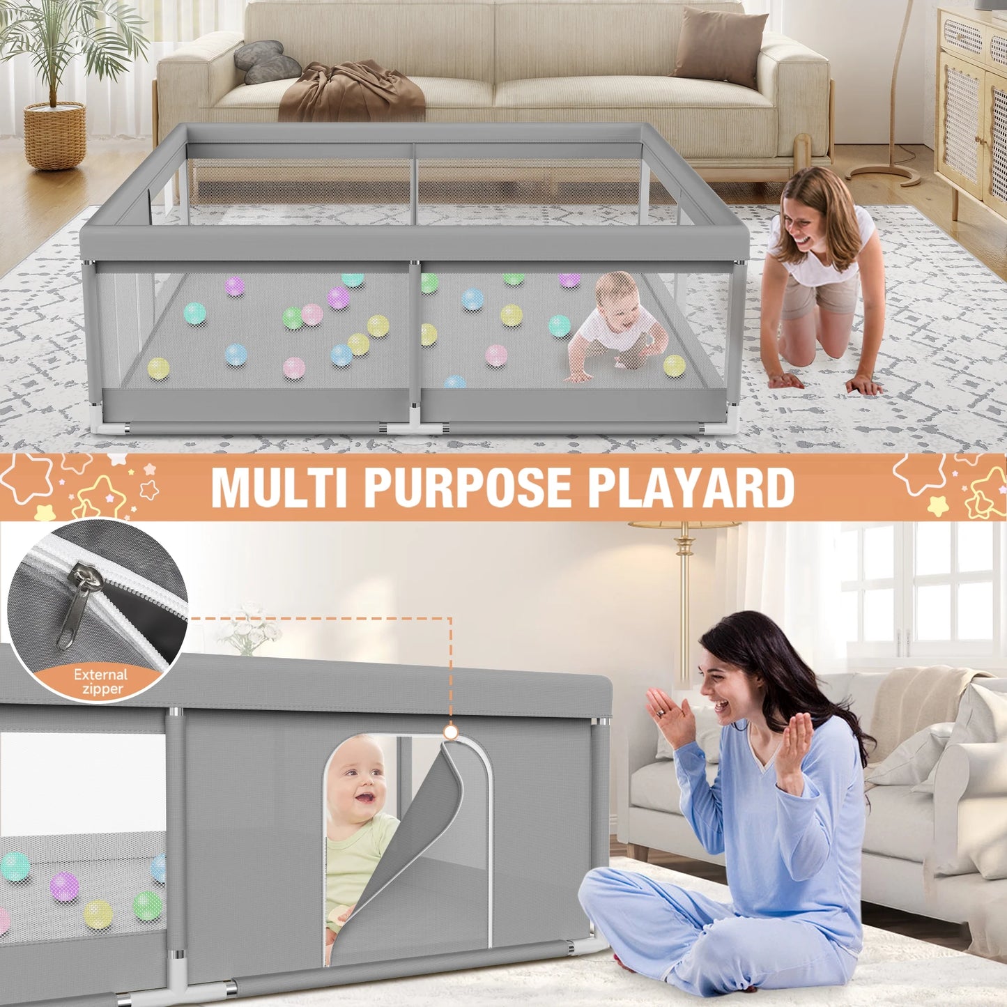 Vipsafe Baby Playpen Safety Play Yard with Mat and Carry Bag, Portable & Easy to Assemble, 50" x 50", Gray