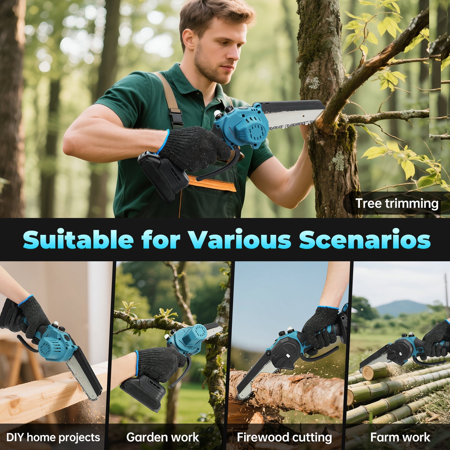 Vipsafe 6" Portable Cordless Electric Chainsaw with 2 x 21V 2000mAh Batteries, Ideal for Gardening, Wood Cutting and DIY, Blue