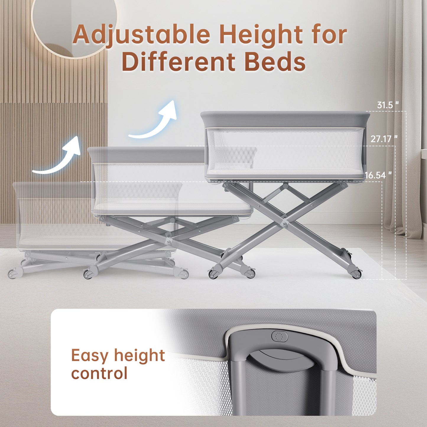 Vipsafe Baby Bassinet Sleeper, Adjustable Bedside Sleeper, Breathable Mesh with Wheels,Perfect Baby Shower Gift,Gray