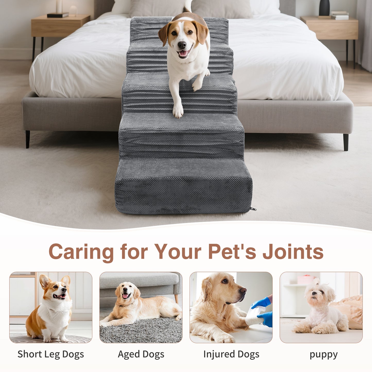 Vipsafe 5-Step Dog Ramp Ladder, Pet Stairs with Non-Slip Bottom and Washable Cover for Small Dogs and Cats,Gray