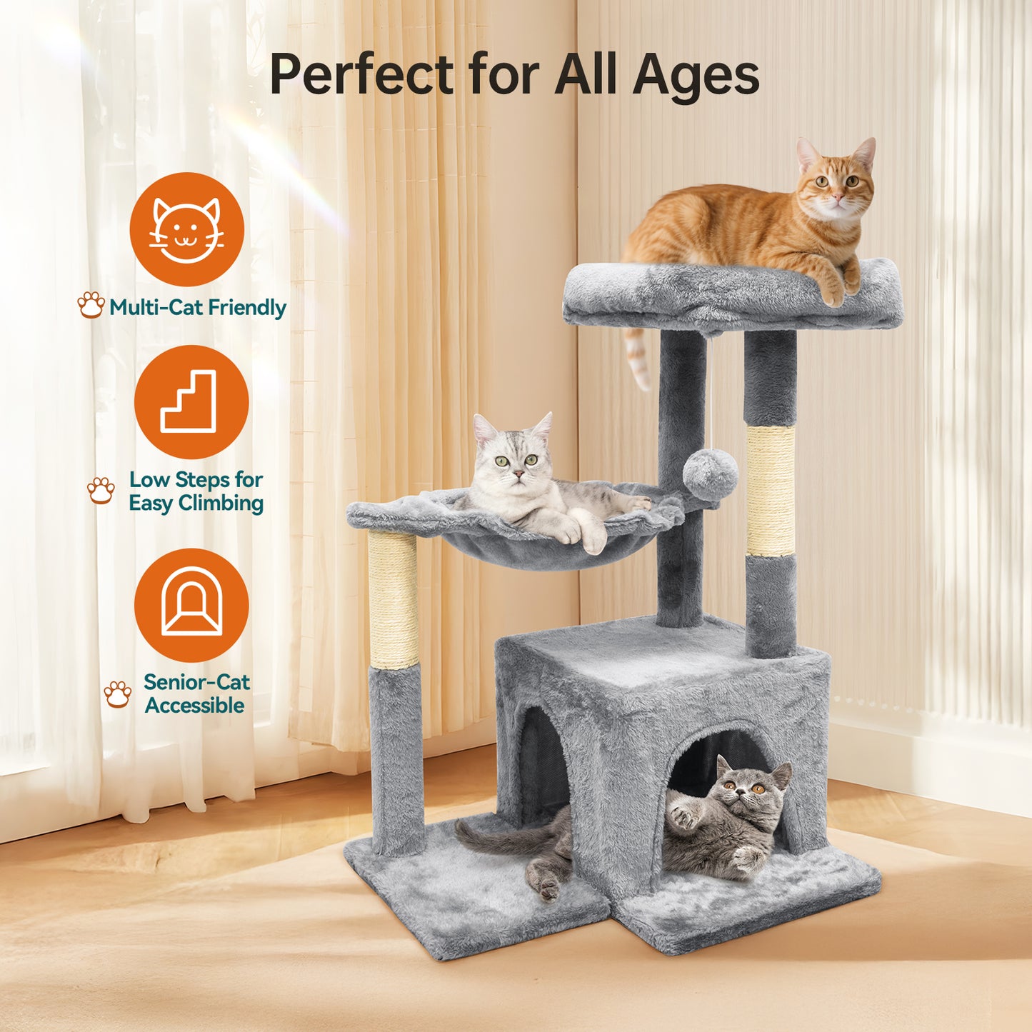 Vipsafe 29-Inch Cat Tree with 2 Tiers, Sisal Scratching Posts, Toys, and Cozy Bed for Indoor Cats