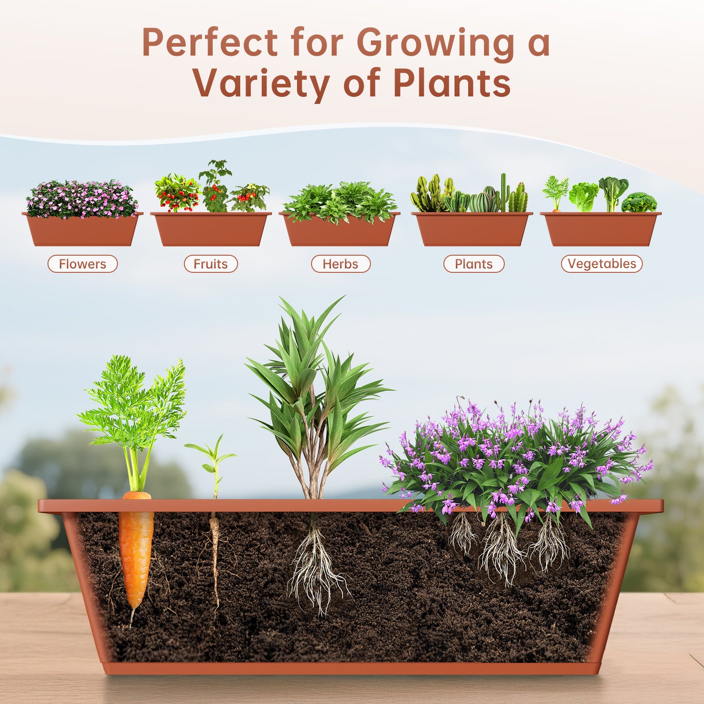 Vipsafe 4FT 5-Tier Vertical Garden Bed with Wheels, Ideal for Indoor/Outdoor Use, Brown, 19.7" x 21.3" x 46.9"