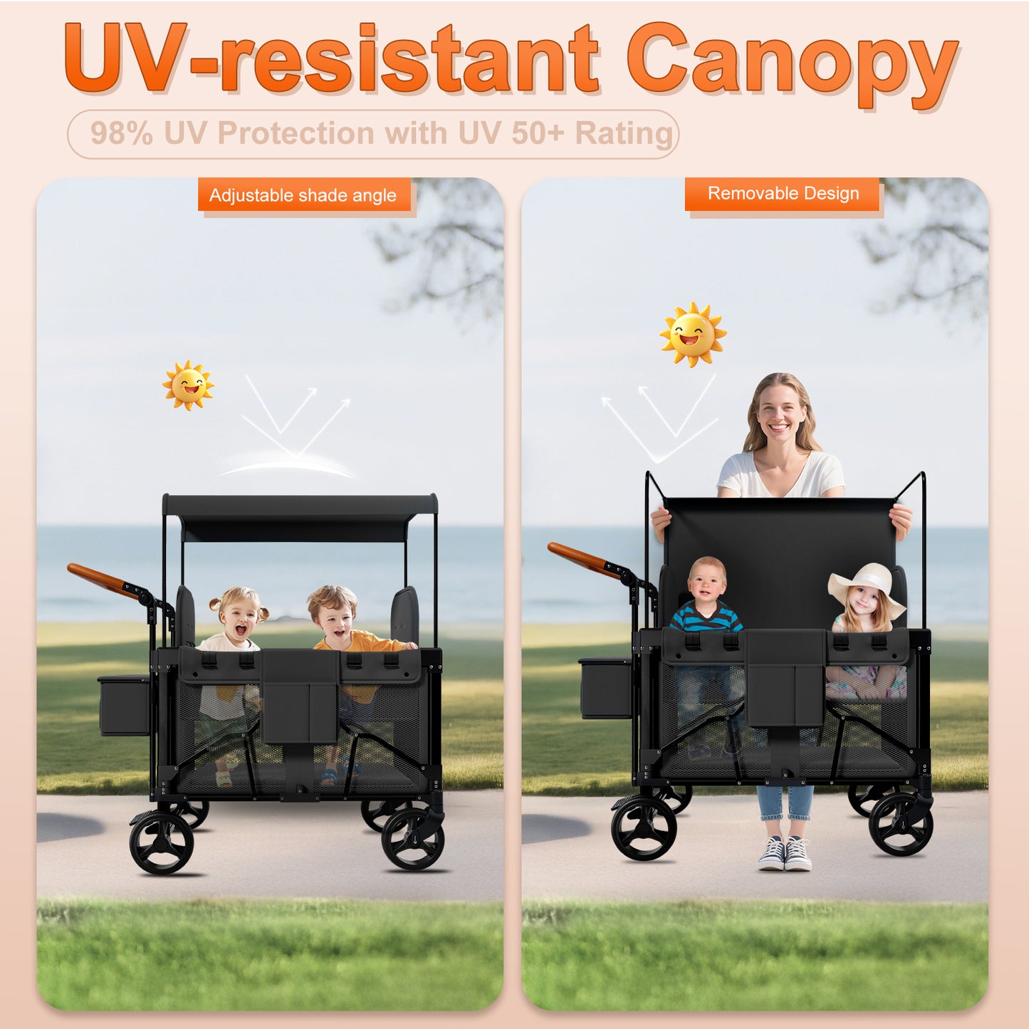 Vipsafe Foldable Wagon Stroller for 2 Kids, Multifunctional Wagon with Detachable Canopy, Adjustable Handlebars, Removable Seats, and Easy Storage