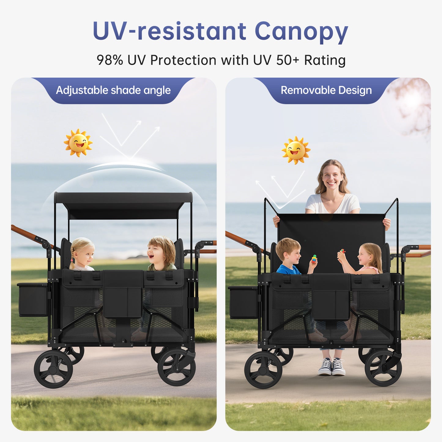 Vipsafe Foldable Wagon Stroller for 4 Kids, Multifunctional Wagon with Detachable Canopy, Adjustable Handlebars, Removable Seats, and Easy Storage