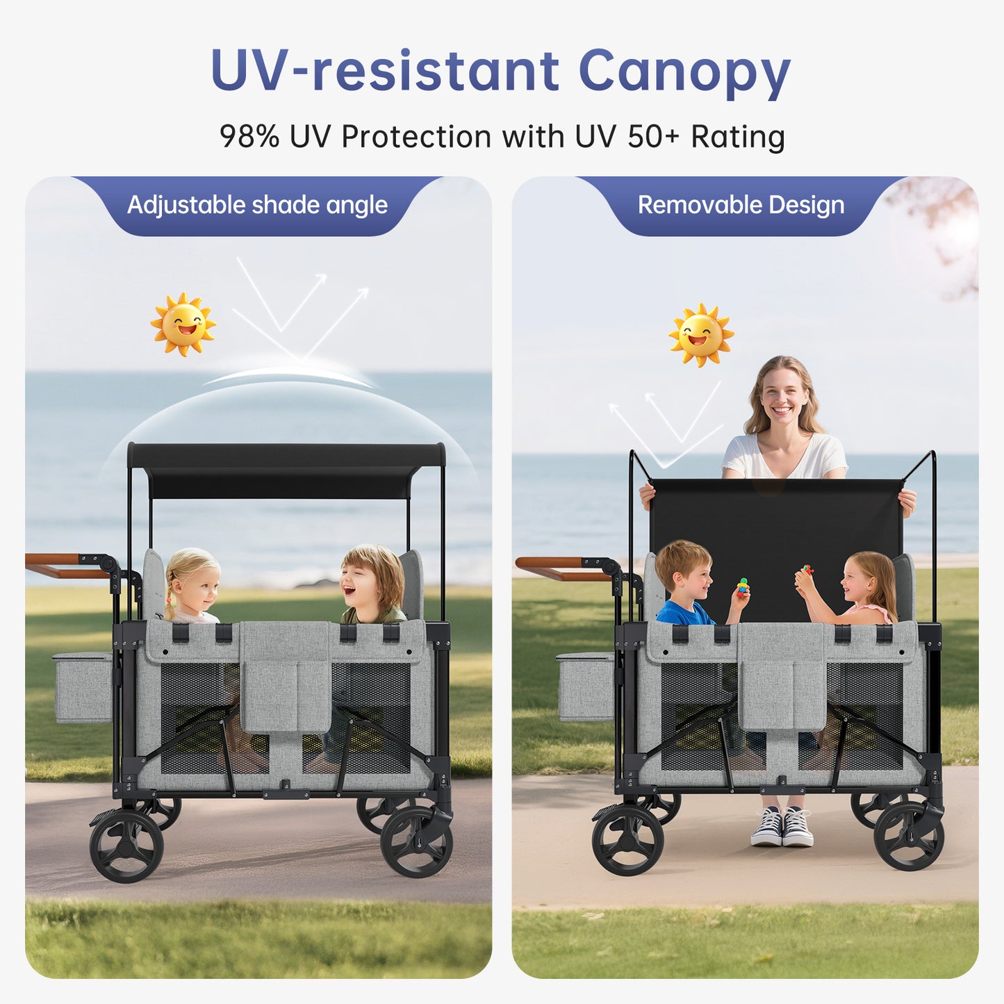 Vipsafe Foldable Wagon Stroller for 2 Kids, Multifunctional Wagon with Detachable Canopy, Adjustable Handlebars, Removable Seats, Gray