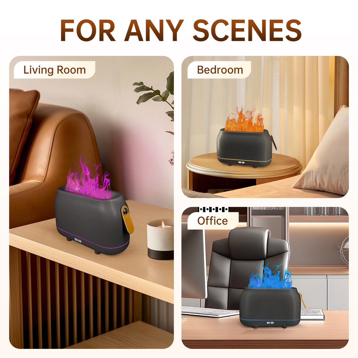 Vipsafe Flame Diffuser, 3 Flame Colors Light Essential Oil Diffuser for Home, Office, Gray