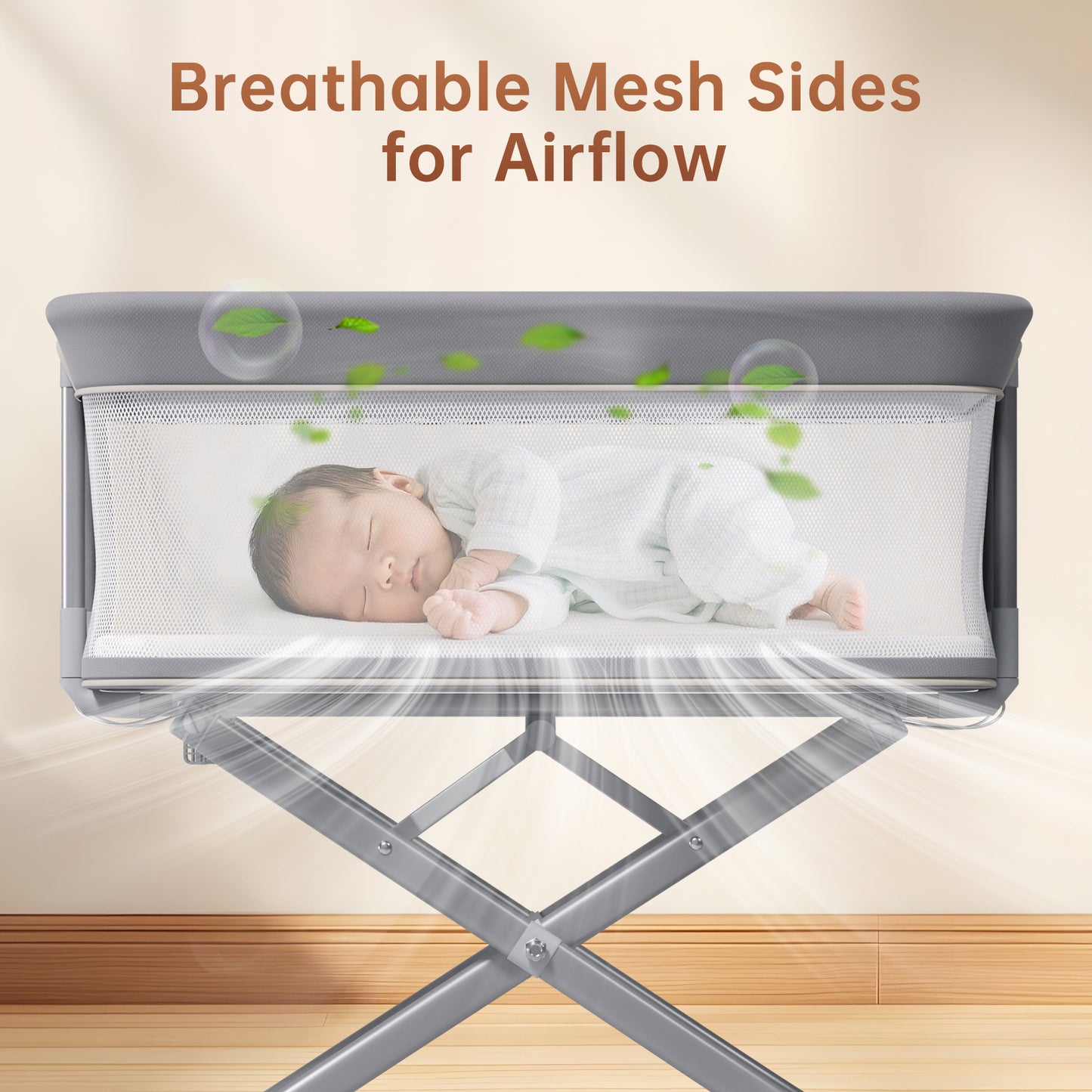 Vipsafe Baby Bassinet Sleeper, Adjustable Bedside Sleeper, Breathable Mesh with Wheels,Perfect Baby Shower Gift,Gray