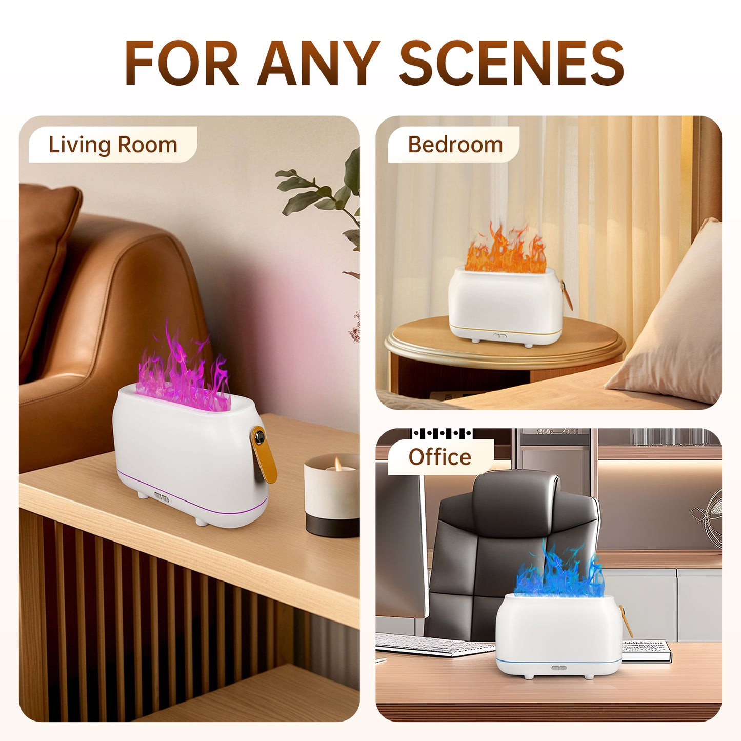 Vipsafe Flame Diffuser, 3 Flame Colors Light Essential Oil Diffuser for Home, Office, White