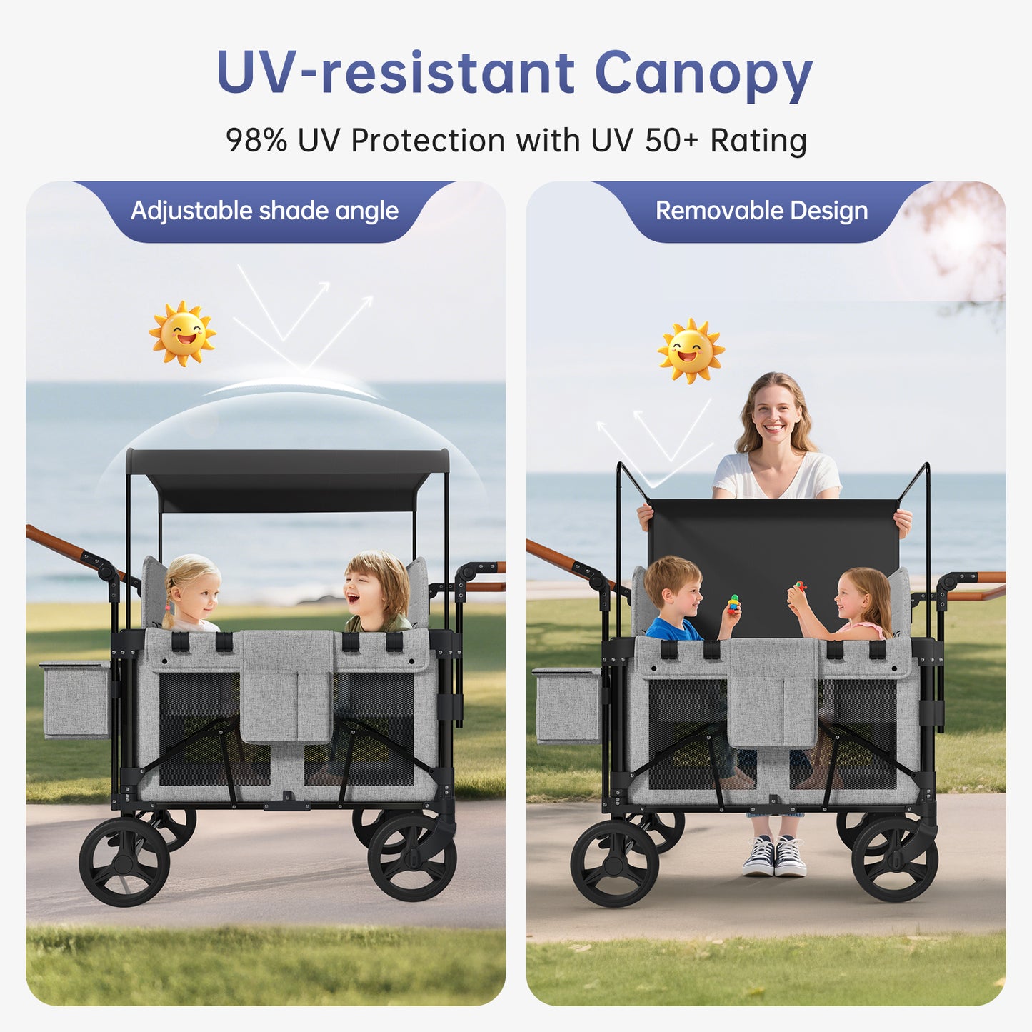 Vipsafe Foldable Wagon Stroller for 4 Kids, Multifunctional Wagon with Detachable Canopy, Adjustable Handlebars, Removable Seats, Gray