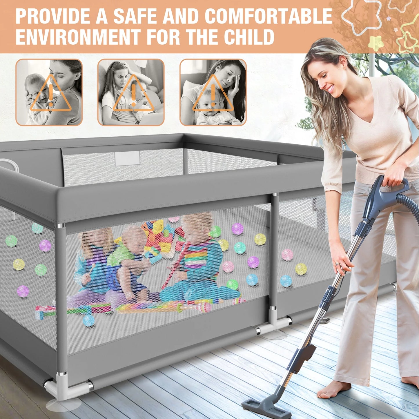 Vipsafe Baby Playpen Safety Play Yard with Mat and Carry Bag, Portable & Easy to Assemble, 50" x 50", Gray