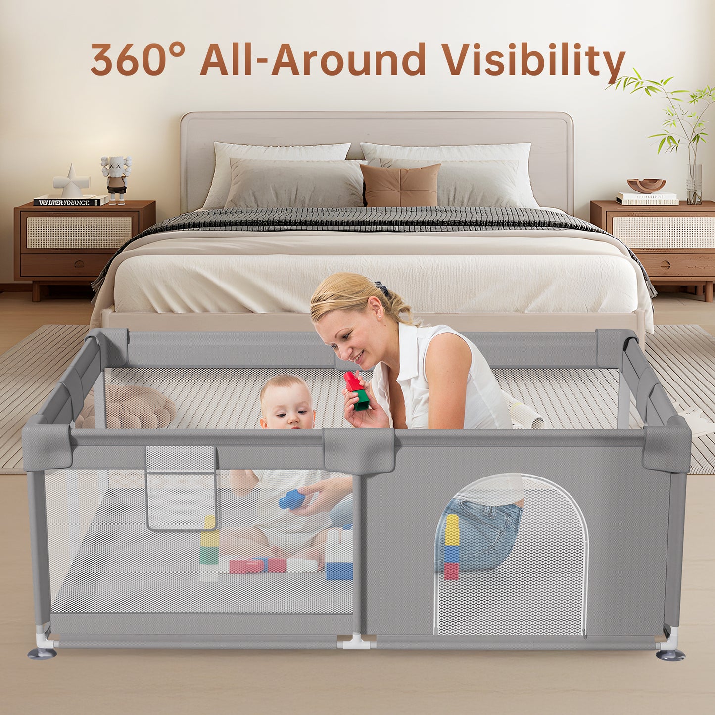 Vipsafe Baby Playpen with Carry Bag Safety Play Yard for Toddlers Easy to Assemble & Store Durable & Portable Playpen for Kids 49" x 71" Gray