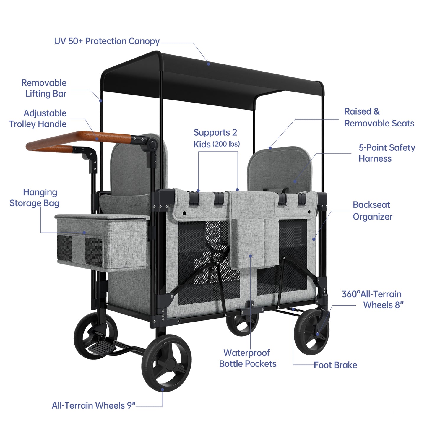 Vipsafe Foldable Wagon Stroller for 2 Kids, Multifunctional Wagon with Detachable Canopy, Adjustable Handlebars, Removable Seats, Gray