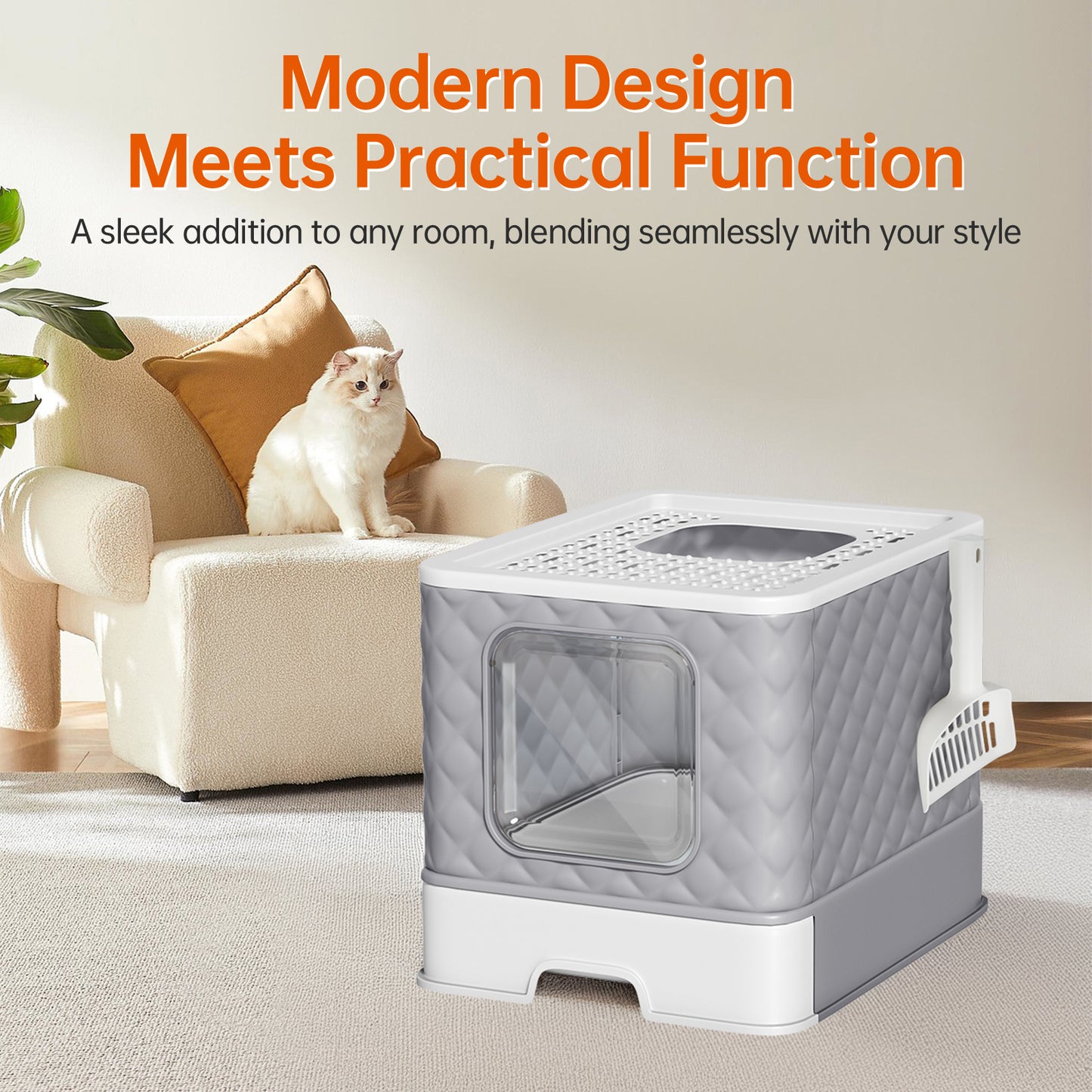 Vipsafe Cat Litter Box with Drawer and Scoop Tools – 19.88" x 16.06" x 14.57" – Easy Clean Design