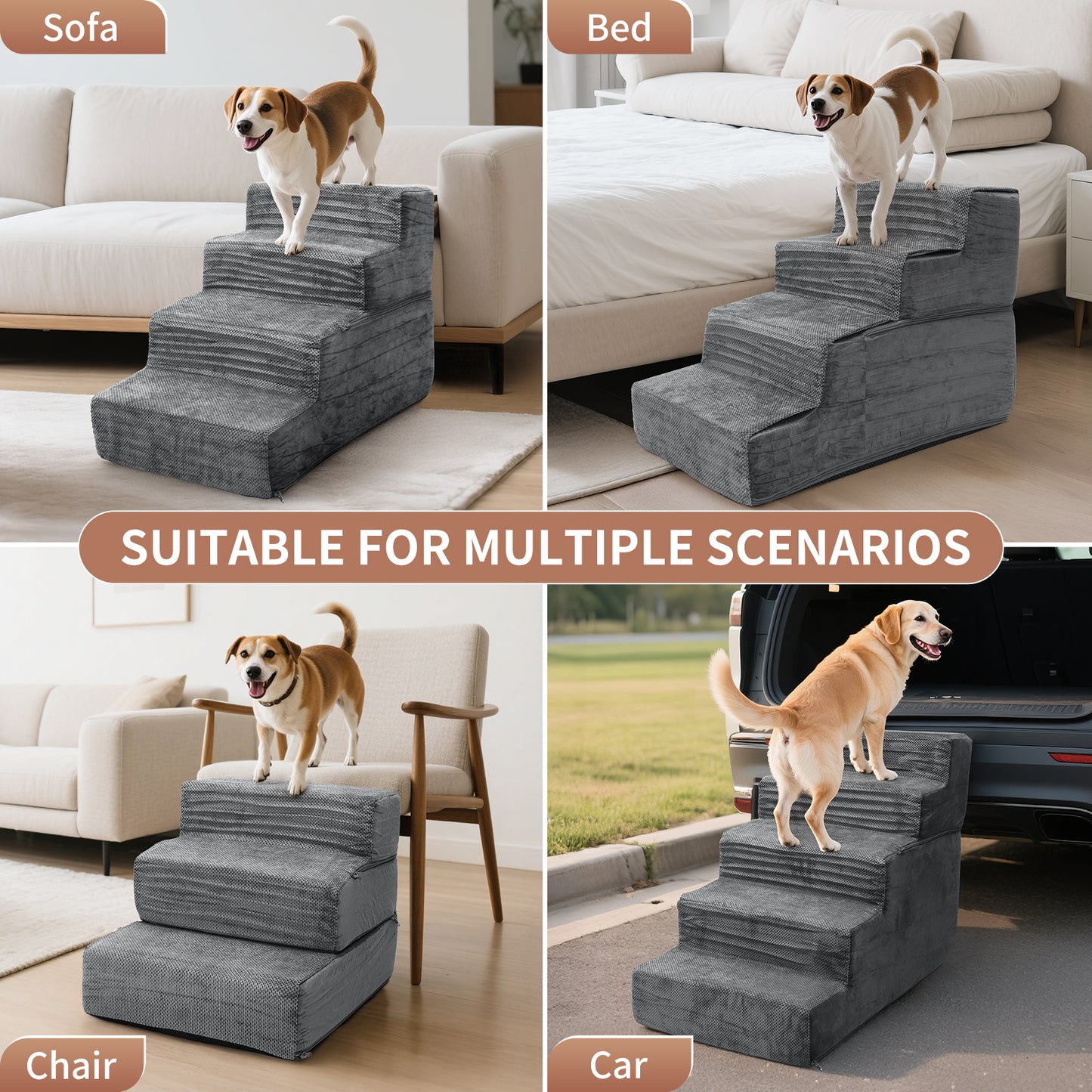 Vipsafe 5-Step Dog Ramp Ladder, Pet Stairs with Non-Slip Bottom and Washable Cover for Small Dogs and Cats,Gray