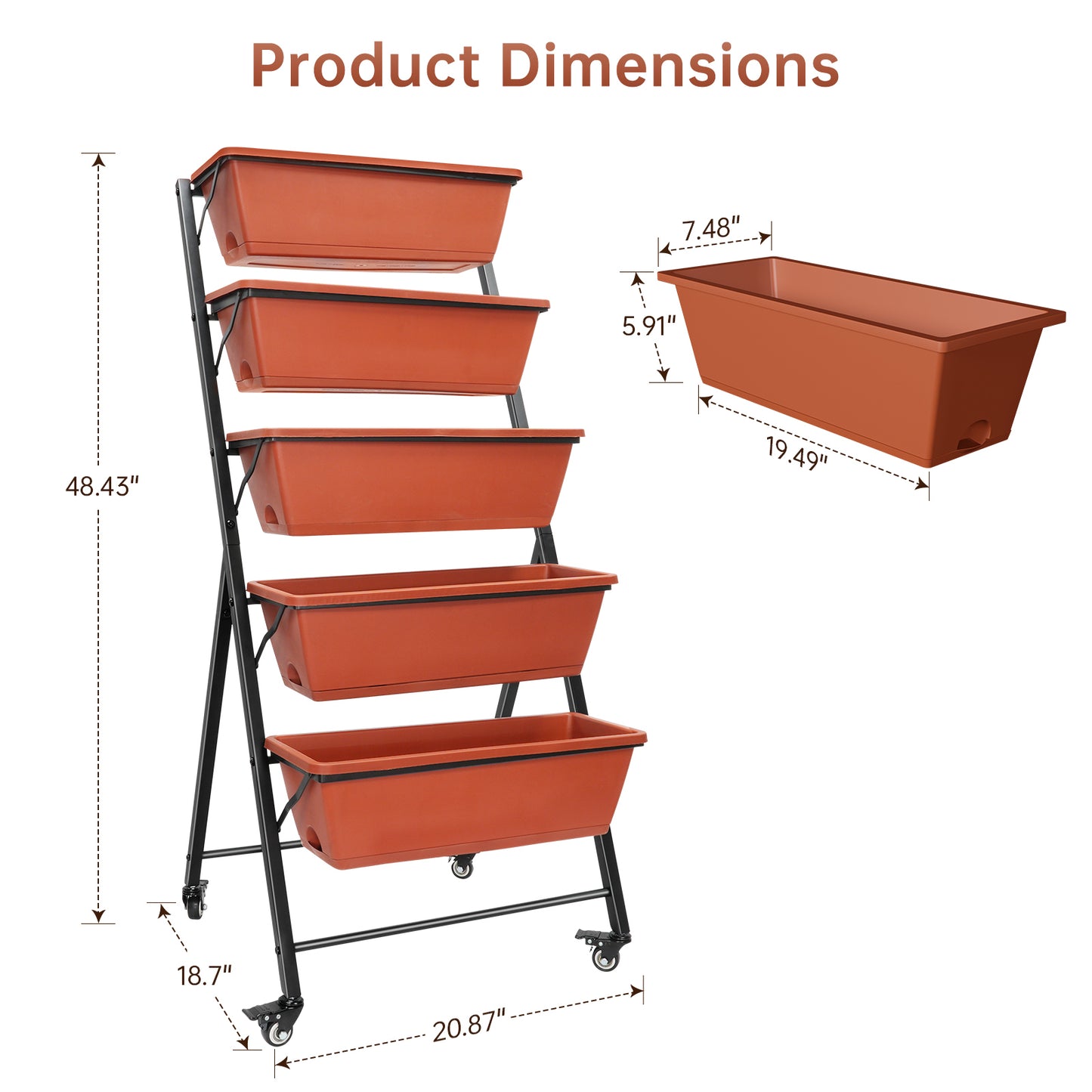 Vipsafe 4FT 5-Tier Vertical Garden Bed with Wheels, Ideal for Indoor/Outdoor Use, Brown, 19.7" x 21.3" x 46.9"