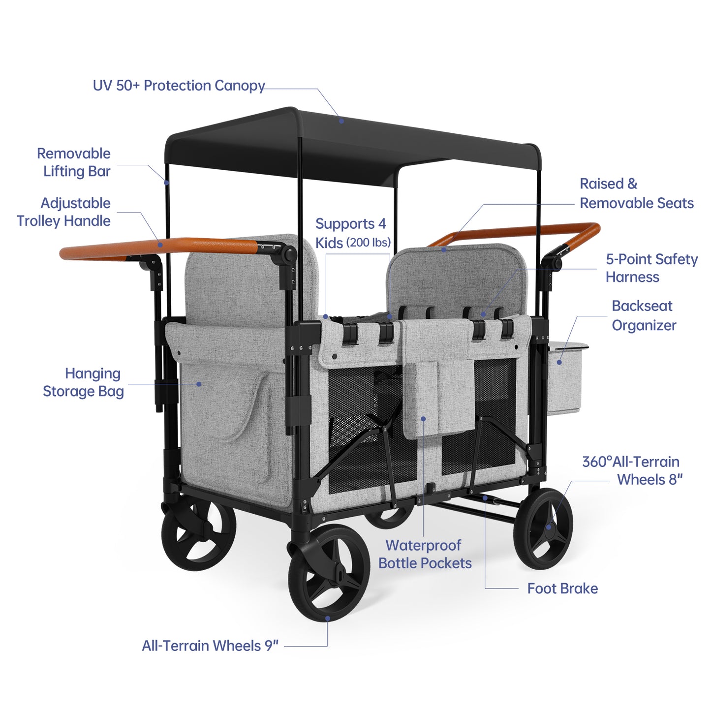 Vipsafe Foldable Wagon Stroller for 4 Kids, Multifunctional Wagon with Detachable Canopy, Adjustable Handlebars, Removable Seats, Gray