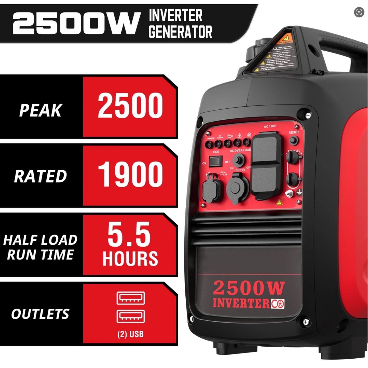 Vipsafe 2500W Portable Inverter Generator, CO Detection, Super Quiet, Low Oil Shutdown, Ideal for Camping & Outdoor Activities