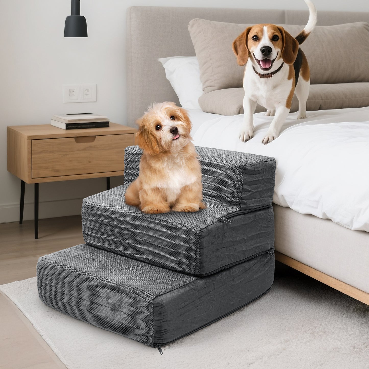 Vipsafe 3-Step Dog Ramp Ladder, Pet Stairs with Non-Slip Bottom and Washable Cover for Small Dogs and Cats,Gray