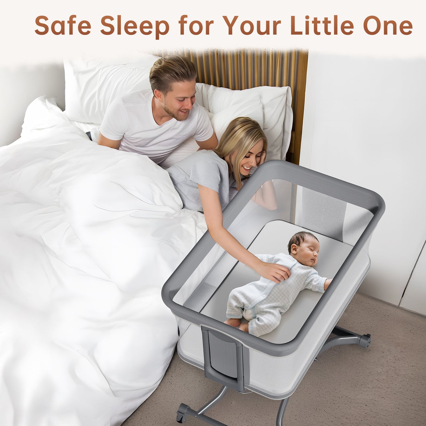 Vipsafe Baby Bassinet Sleeper, Adjustable Bedside Sleeper, Breathable Mesh with Wheels,Perfect Baby Shower Gift,Gray