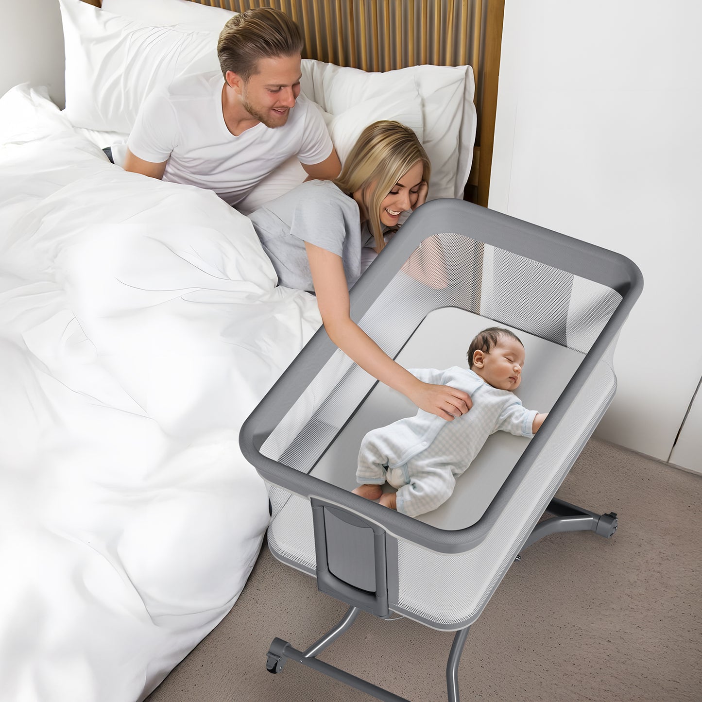 Vipsafe Baby Bassinet Sleeper, Adjustable Bedside Sleeper, Breathable Mesh with Wheels,Perfect Baby Shower Gift,Gray