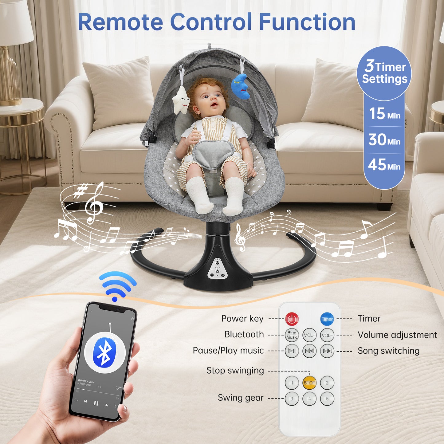 Vipsafe Baby Swing for Infants up to 22lb with Bluetooth Music, 5 Speeds & 3 Timer Settings, Blue