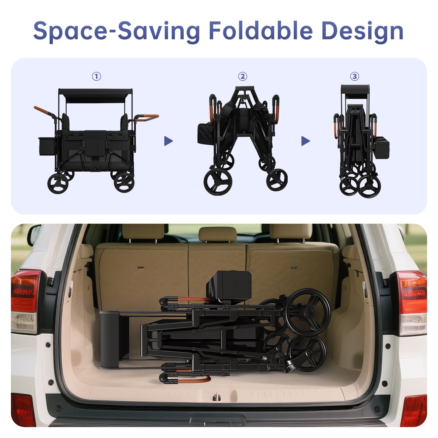 Vipsafe Foldable Wagon Stroller for 4 Kids, Multifunctional Wagon with Detachable Canopy, Adjustable Handlebars, Removable Seats, and Easy Storage