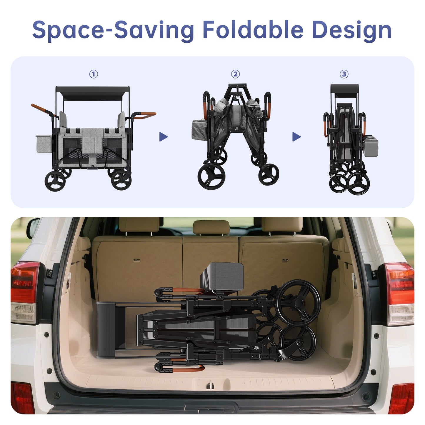 Vipsafe Foldable Wagon Stroller for 4 Kids, Multifunctional Wagon with Detachable Canopy, Adjustable Handlebars, Removable Seats, Gray