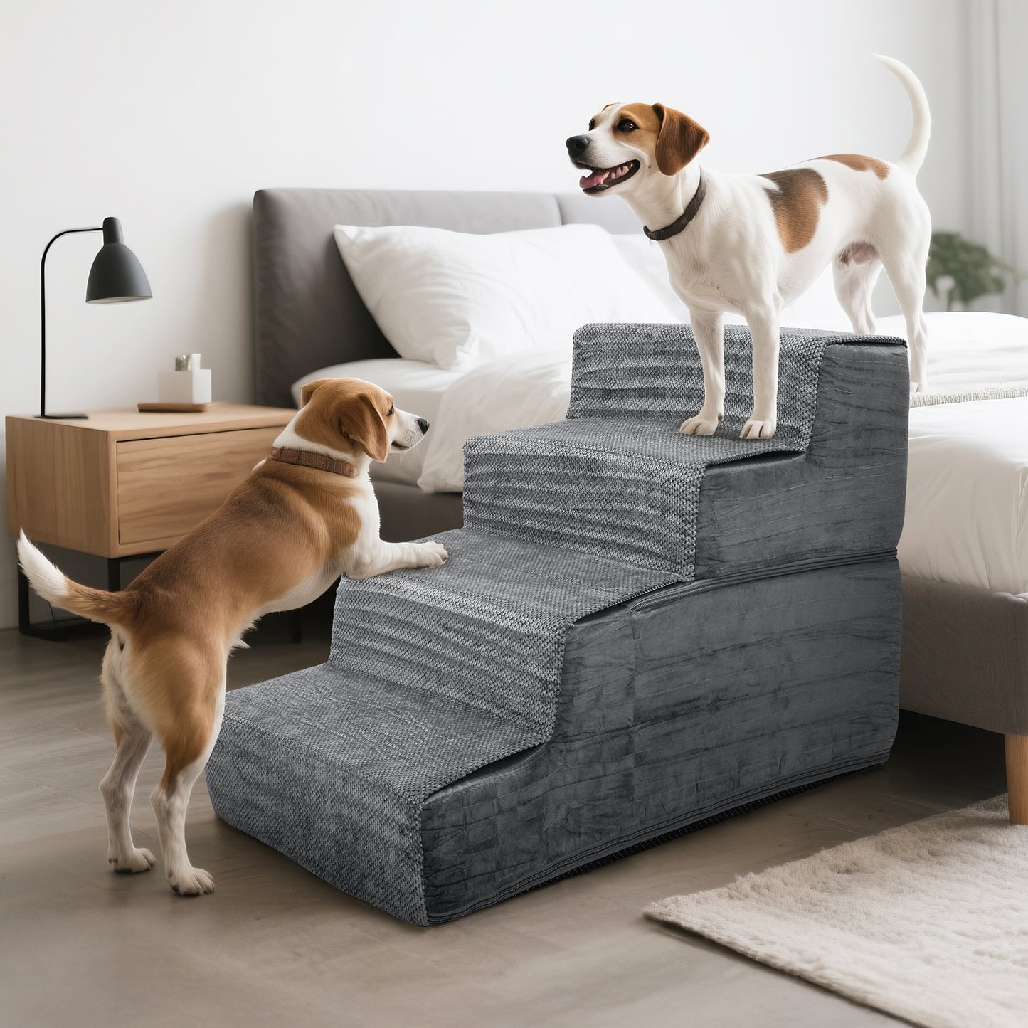 Vipsafe 4-Step Dog Ramp Ladder, Pet Stairs with Non-Slip Bottom and Washable Cover for Small Dogs and Cats,Gray