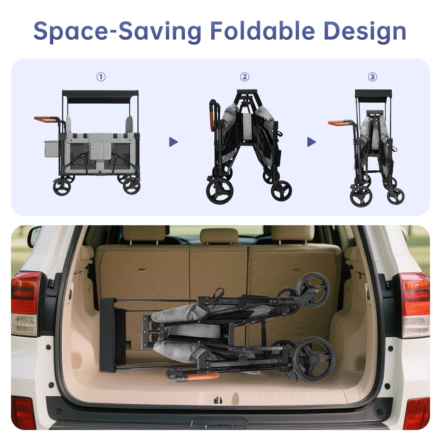 Vipsafe Foldable Wagon Stroller for 2 Kids, Multifunctional Wagon with Detachable Canopy, Adjustable Handlebars, Removable Seats, Gray