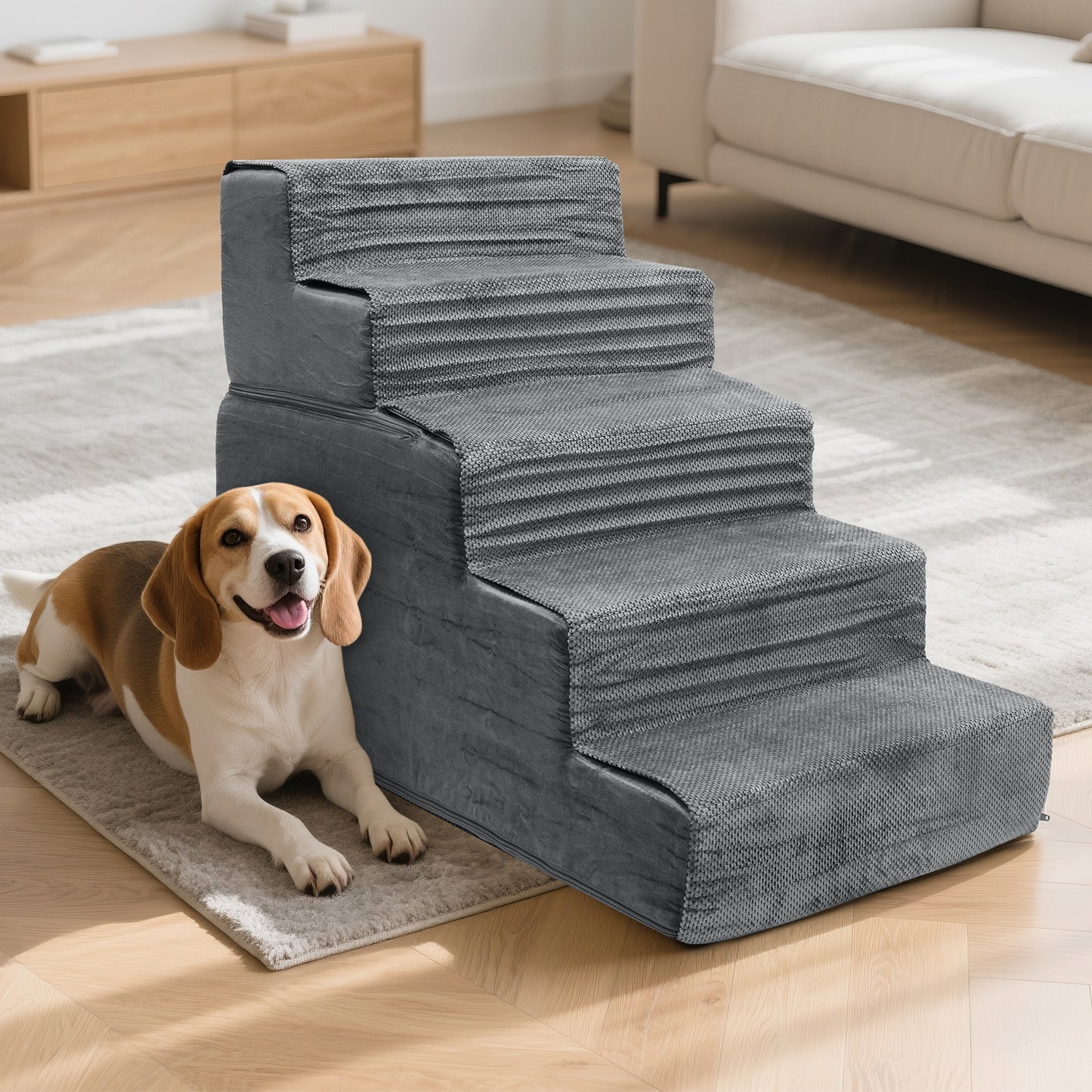 Vipsafe 5-Step Dog Ramp Ladder, Pet Stairs with Non-Slip Bottom and Washable Cover for Small Dogs and Cats,Gray