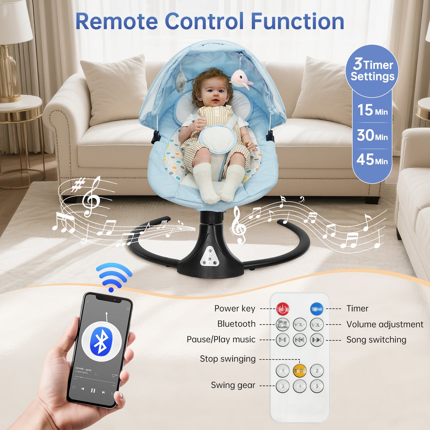 Vipsafe Baby Swing for Infants up to 22lb with Bluetooth Music, 5 Speeds & 3 Timer Settings, Blue