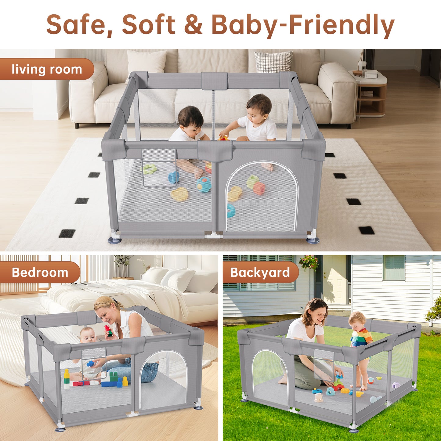 Vipsafe Baby Playpen Safety Play Yard with Carry Bag, Portable & Easy to Assemble, 49" x 49", Gray