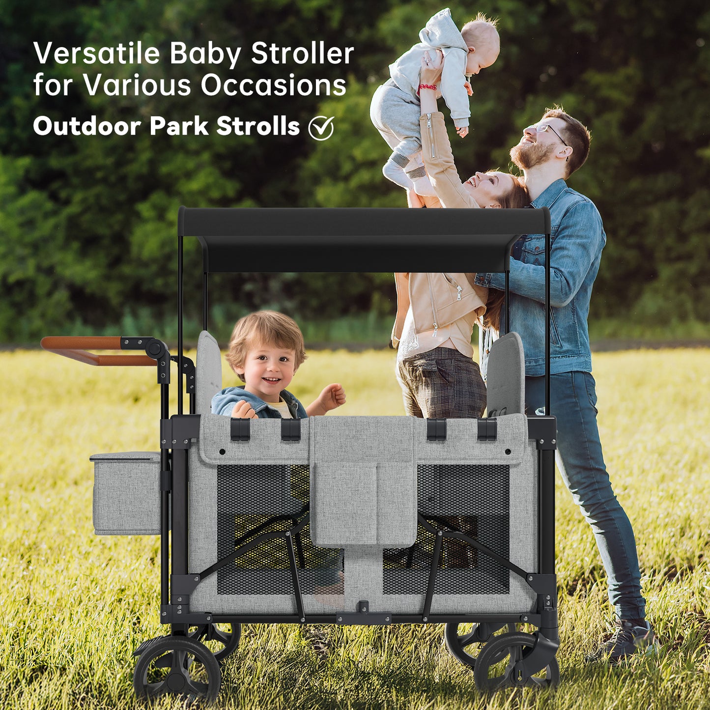 Vipsafe Foldable Wagon Stroller for 2 Kids, Multifunctional Wagon with Detachable Canopy, Adjustable Handlebars, Removable Seats, Gray