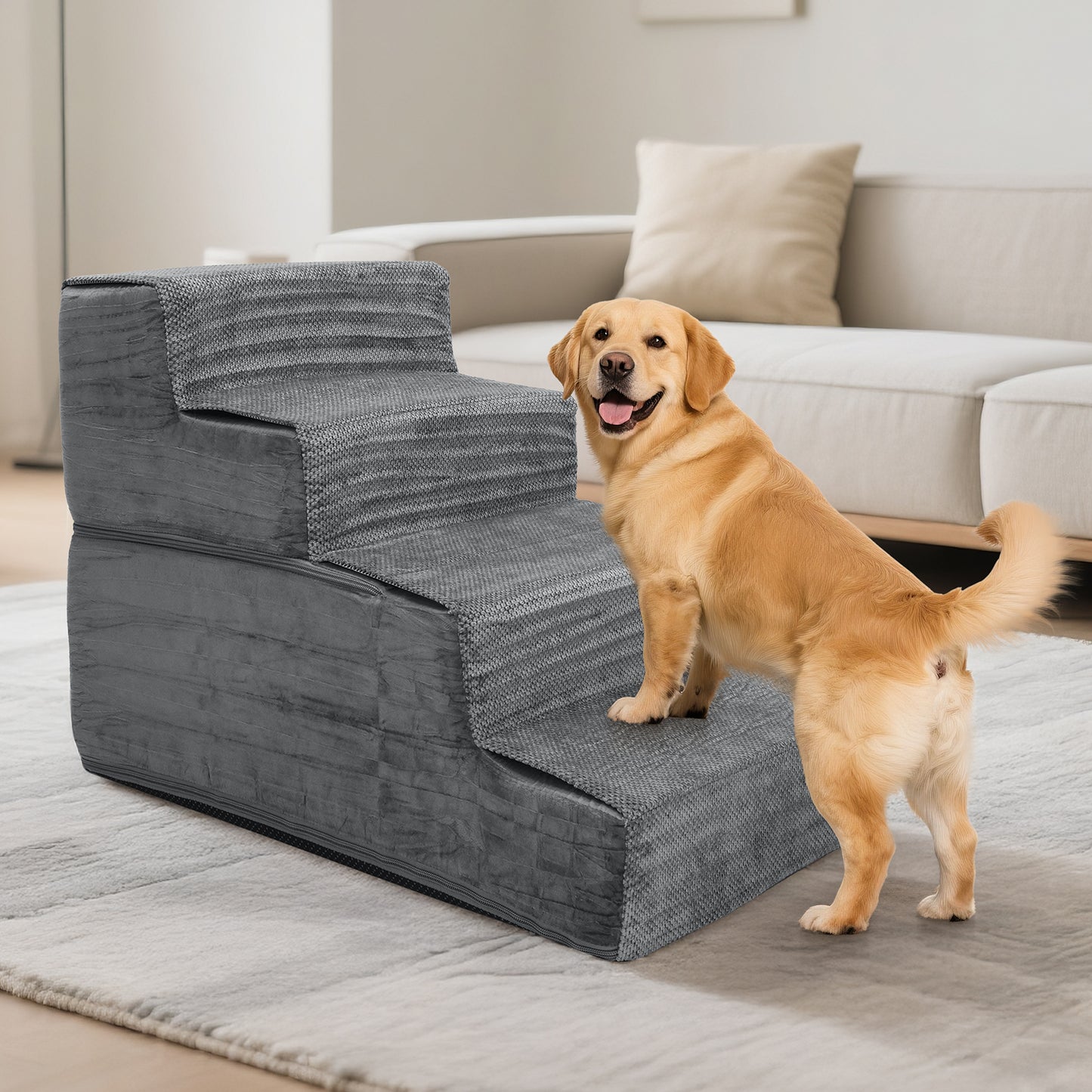 Vipsafe 4-Step Dog Ramp Ladder, Pet Stairs with Non-Slip Bottom and Washable Cover for Small Dogs and Cats,Gray