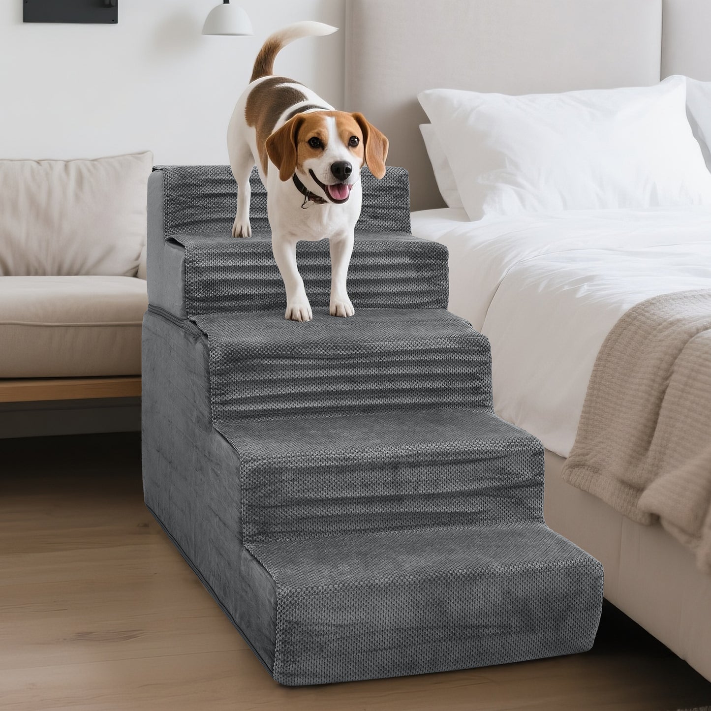 Vipsafe 5-Step Dog Ramp Ladder, Pet Stairs with Non-Slip Bottom and Washable Cover for Small Dogs and Cats,Gray