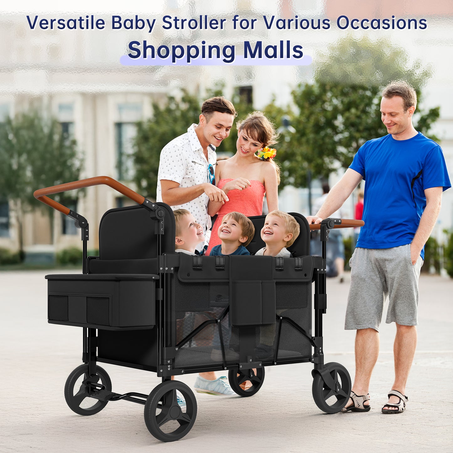 Vipsafe Foldable Wagon Stroller for 4 Kids, Multifunctional Wagon with Detachable Canopy, Adjustable Handlebars, Removable Seats, and Easy Storage
